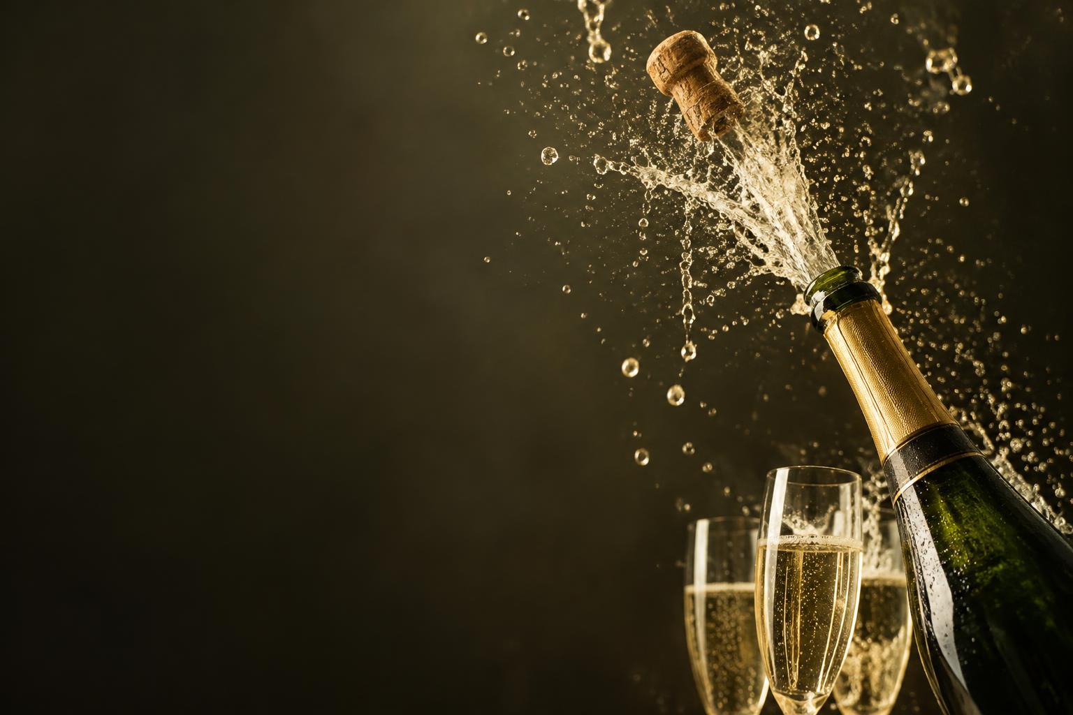 Champagneflaske med flyvende prop, gyldne dråber og champagneglas
